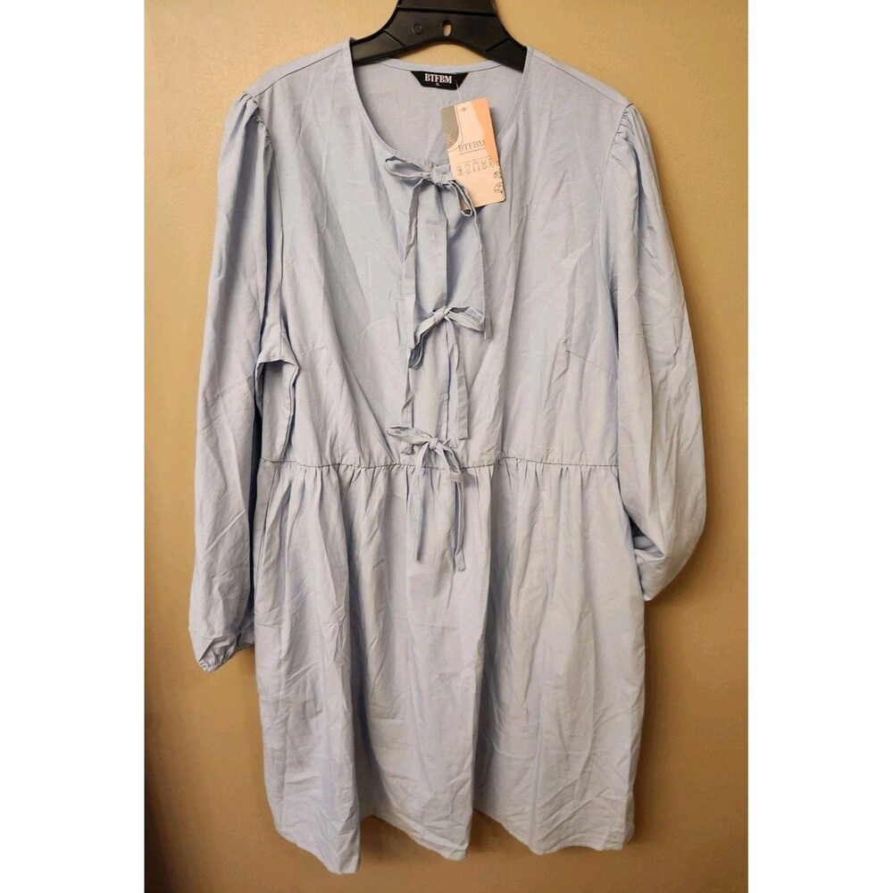 BTFBM Women's Casual Short Dress XL Bow Tie Front Puff Sleeve A Line Light Blue